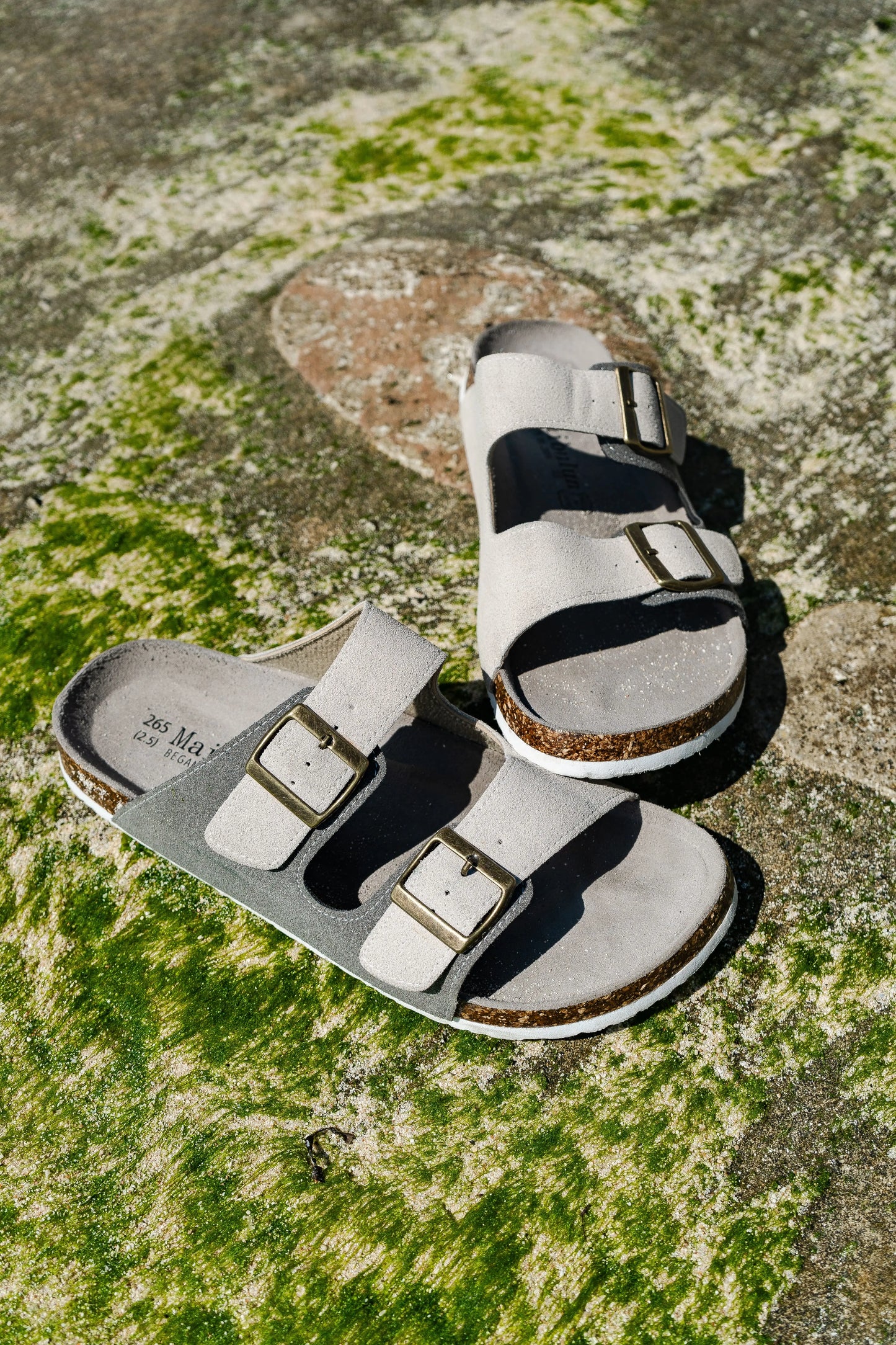 Maibulun Suede Sandal - Grey & Cream — Mediterranean cork-footbed leather sandals by Meirelle Maibulun