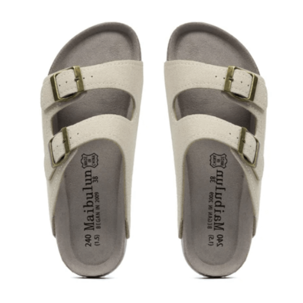 Maibulun Suede Sandal - Cream — Mediterranean cork-footbed leather sandals by Meirelle Maibulun