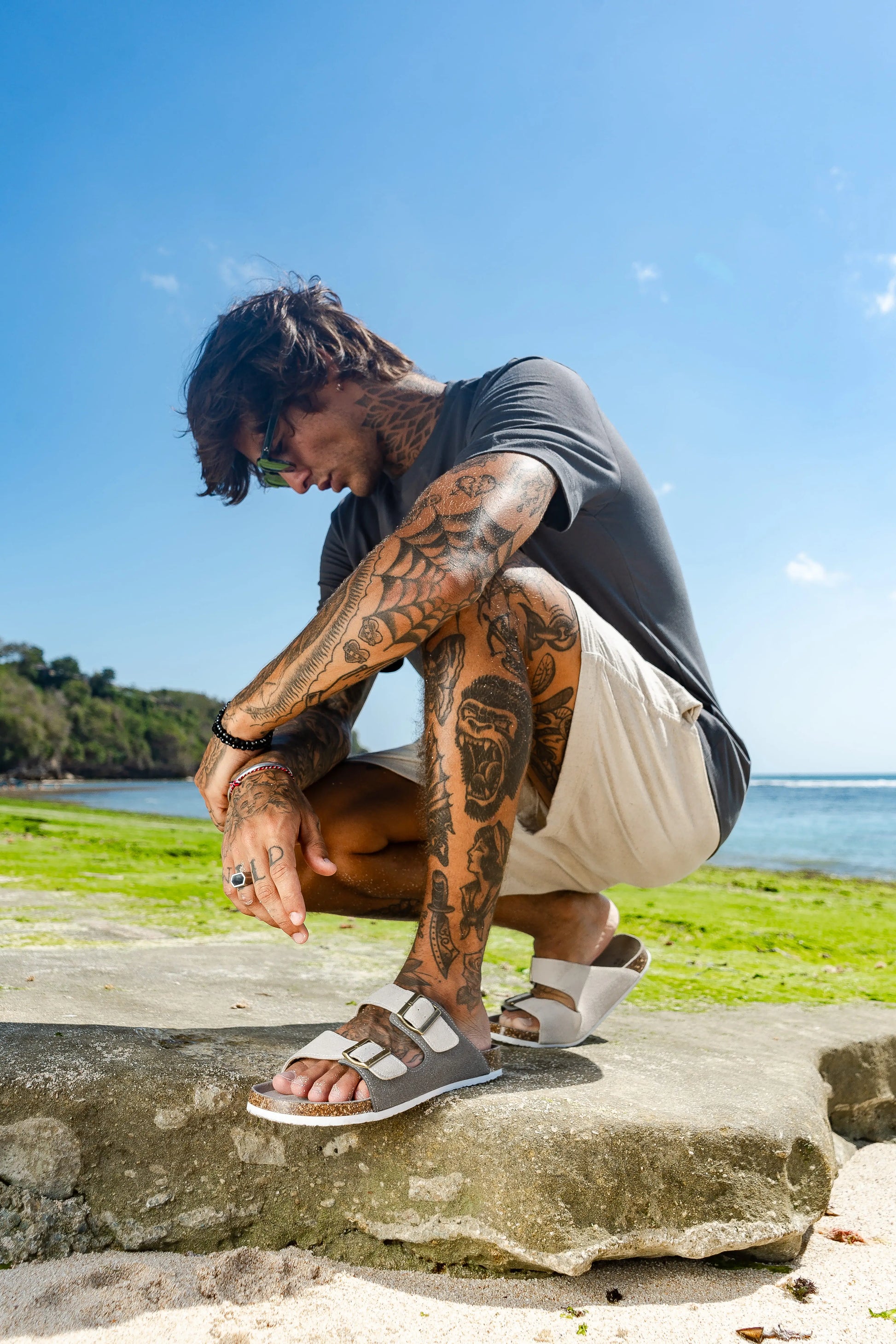 Maibulun Suede Sandal - Grey & Cream — Mediterranean cork-footbed leather sandals by Meirelle Maibulun