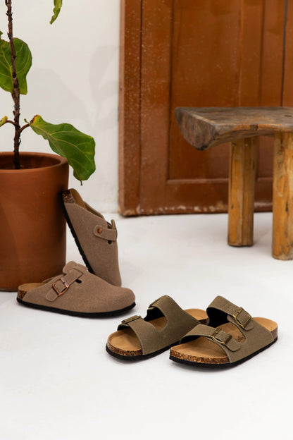 Maibulun Suede Sandal - Moss Green — Mediterranean cork-footbed leather sandals by Meirelle Maibulun
