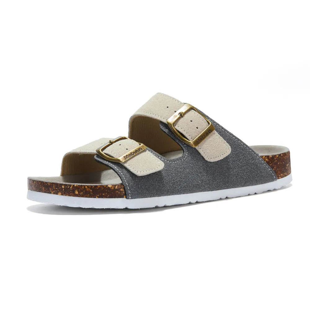 Maibulun Suede Sandal - Grey & Cream — Mediterranean cork-footbed leather sandals by Meirelle Maibulun