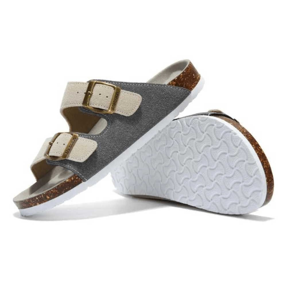 Maibulun Suede Sandal - Grey & Cream — Mediterranean cork-footbed leather sandals by Meirelle Maibulun