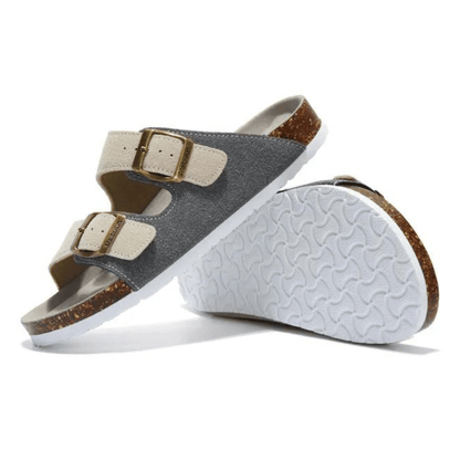 Maibulun Suede Sandal - Grey & Cream — Mediterranean cork-footbed leather sandals by Meirelle Maibulun