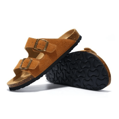 Maibulun Suede Sandal - Caramel — Mediterranean cork-footbed leather sandals by Meirelle Maibulun