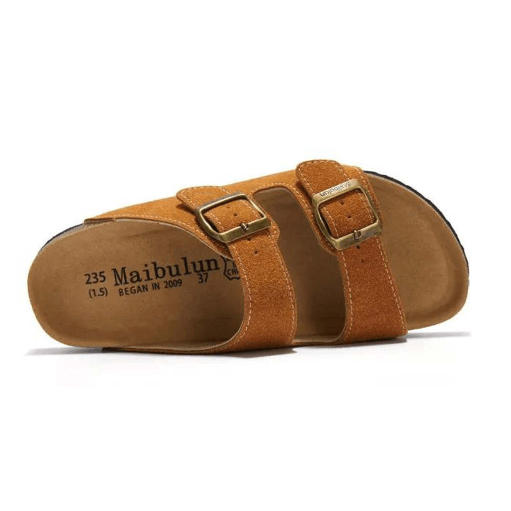 Maibulun Suede Sandal - Caramel — Mediterranean cork-footbed leather sandals by Meirelle Maibulun