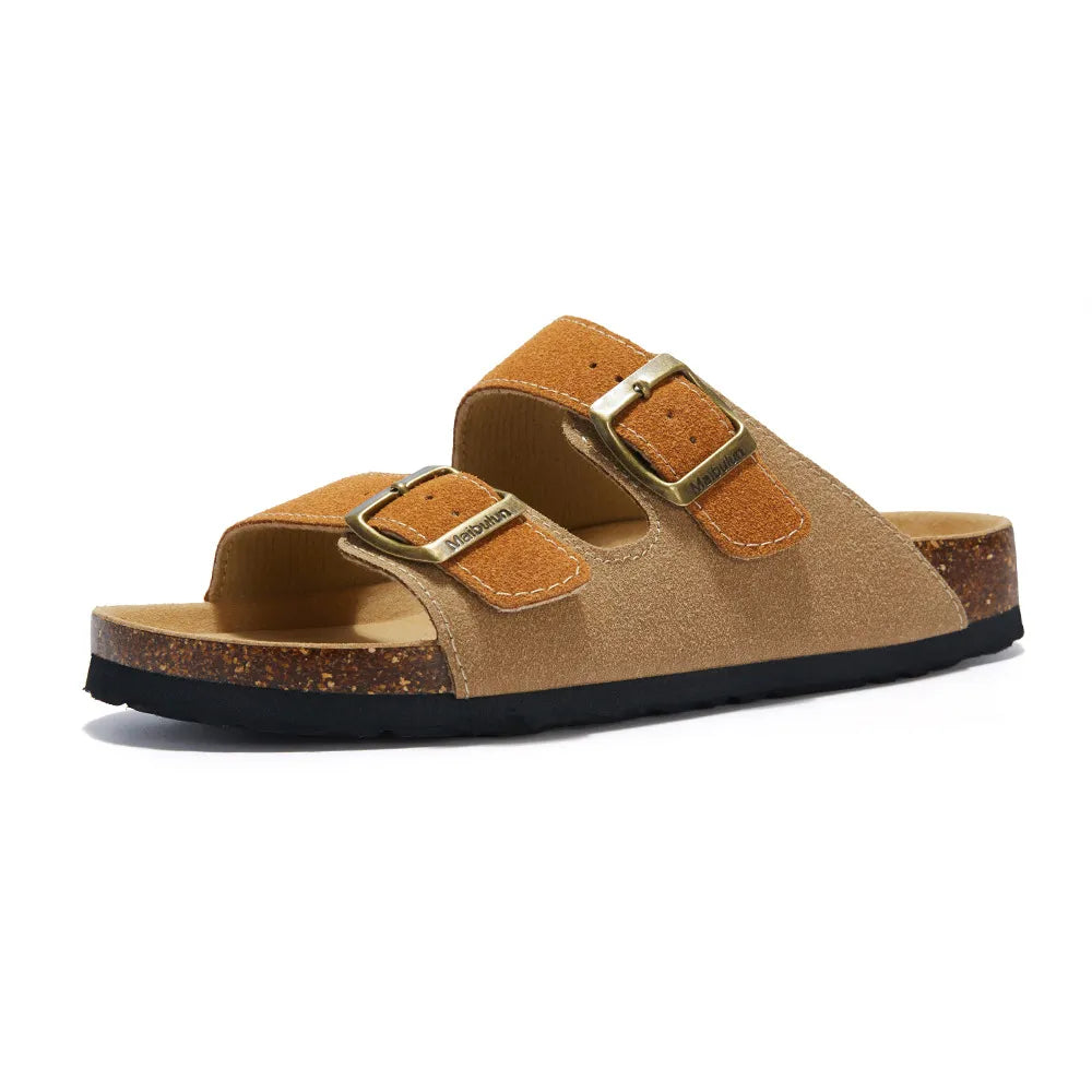 Maibulun Suede Sandal - Light Brown & Caramel — Mediterranean cork-footbed leather sandals by Meirelle Maibulun