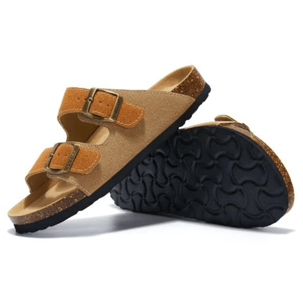 Maibulun Suede Sandal - Light Brown & Caramel — Mediterranean cork-footbed leather sandals by Meirelle Maibulun