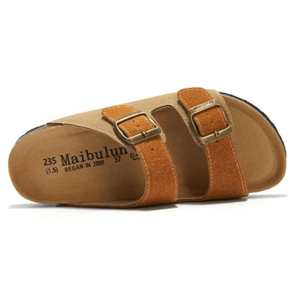 Maibulun Suede Sandal - Light Brown & Caramel — Mediterranean cork-footbed leather sandals by Meirelle Maibulun