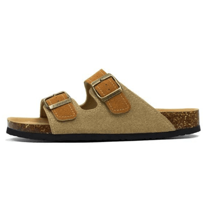 Maibulun Suede Sandal - Light Brown & Caramel — Mediterranean cork-footbed leather sandals by Meirelle Maibulun
