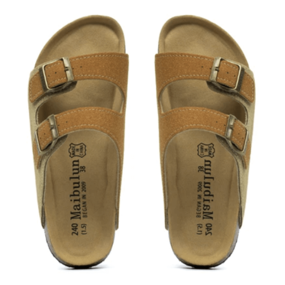 Maibulun Suede Sandal - Light Brown & Caramel — Mediterranean cork-footbed leather sandals by Meirelle Maibulun