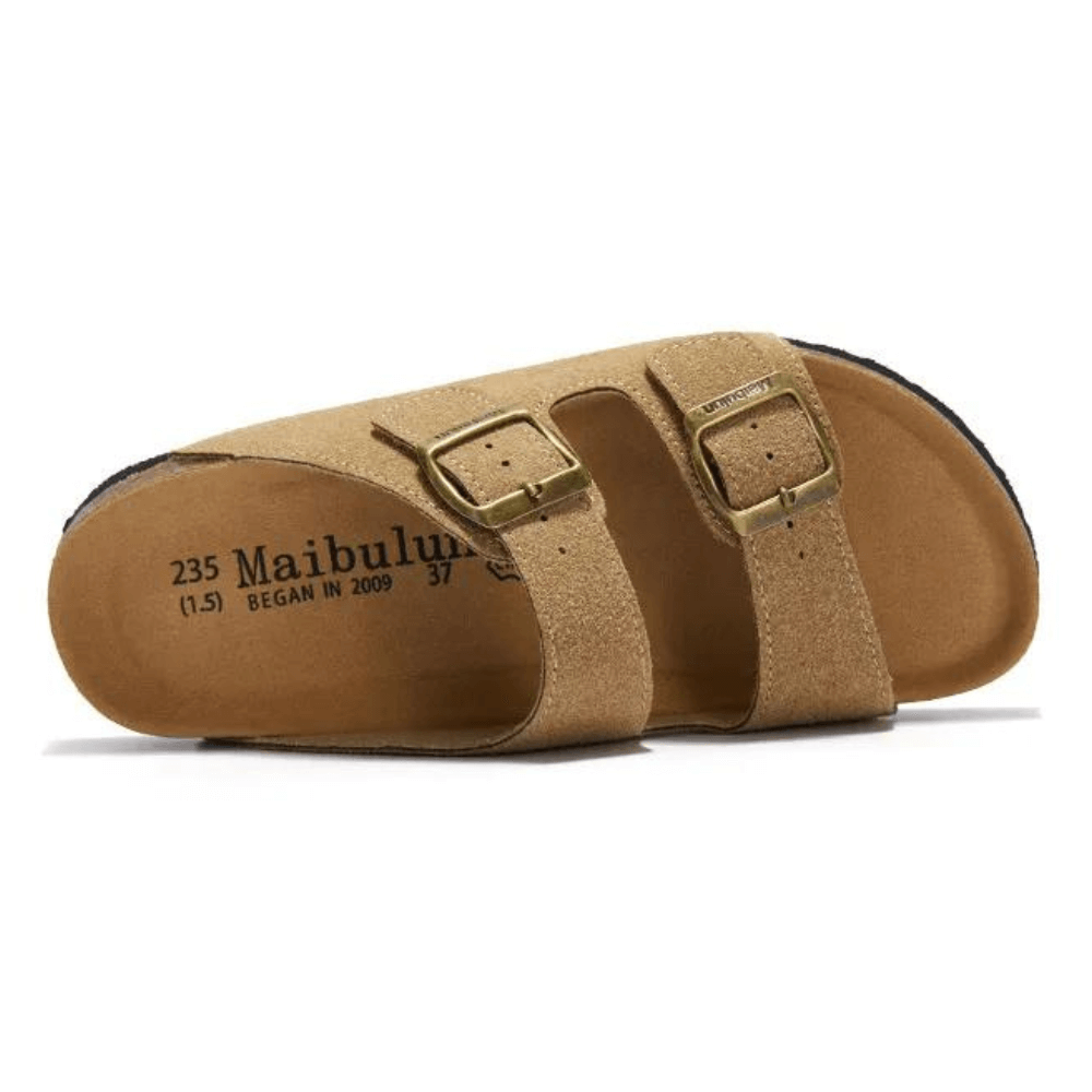 Maibulun Suede Sandal - Light Brown — Mediterranean cork-footbed leather sandals by Meirelle Maibulun