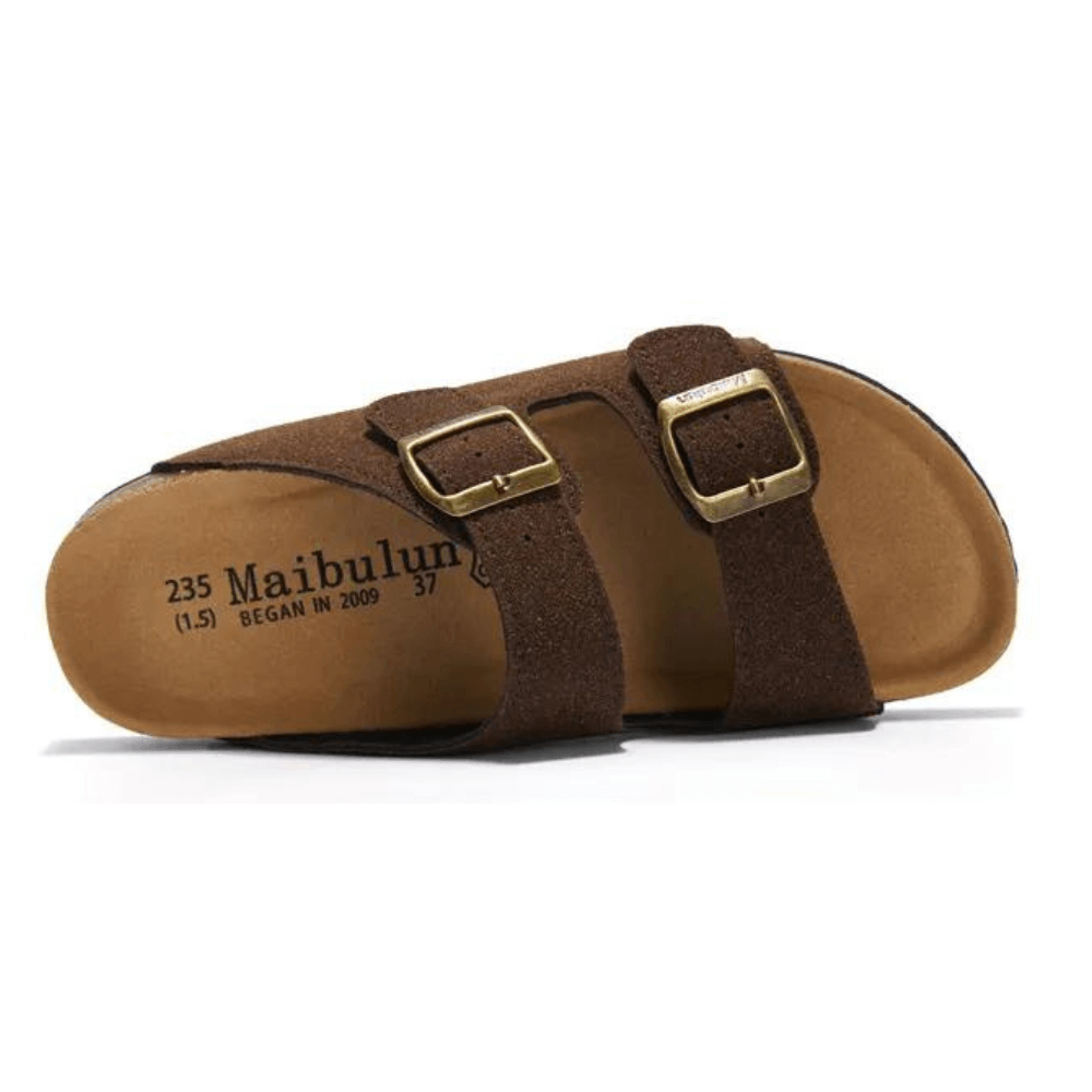 Maibulun Suede Sandal - Dark Brown — Mediterranean cork-footbed leather sandals by Meirelle Maibulun