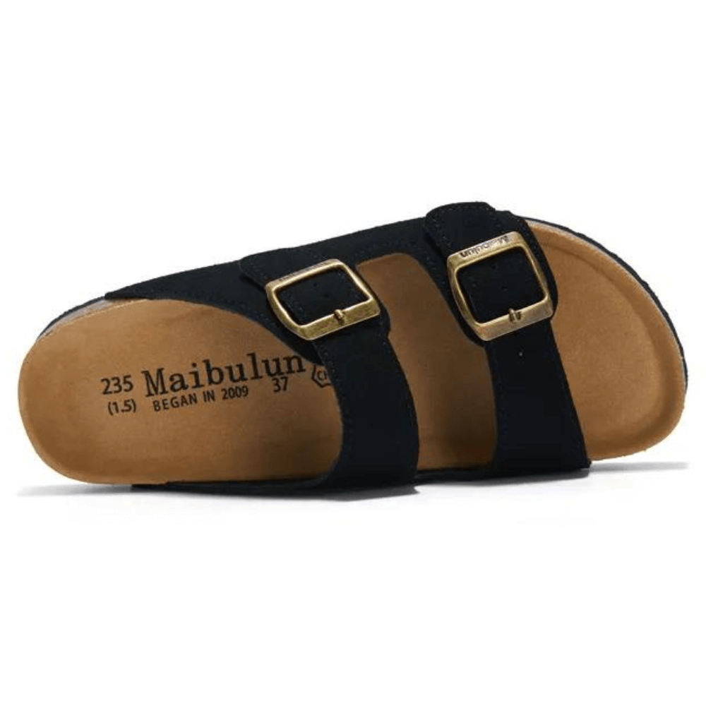 Maibulun Suede Sandal - Black — Mediterranean cork-footbed leather sandals by Meirelle Maibulun