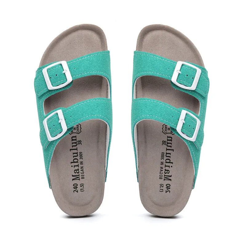 Maibulun Suede Sandal - Aqua Green — Mediterranean cork-footbed leather sandals by Meirelle Maibulun